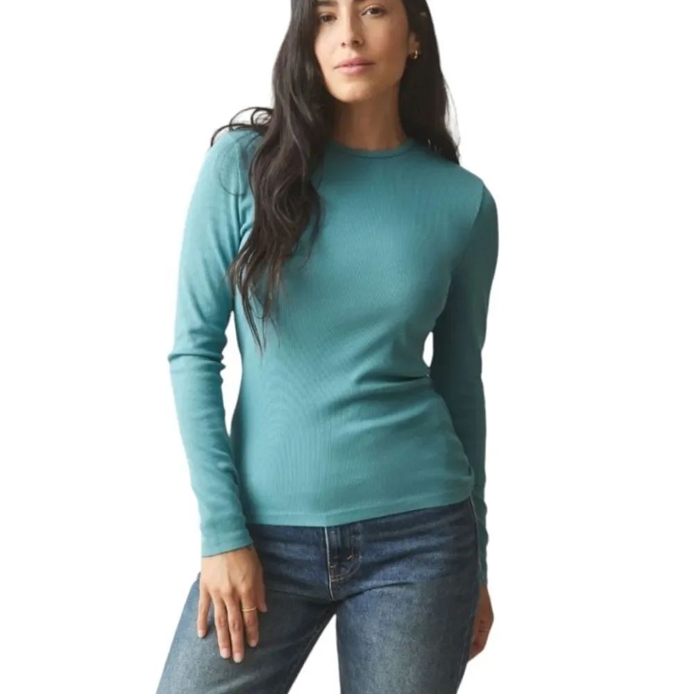 NEW American Giant Luxe Rib Crew Long Sleeve Top Teal Turquoise Blue Size S